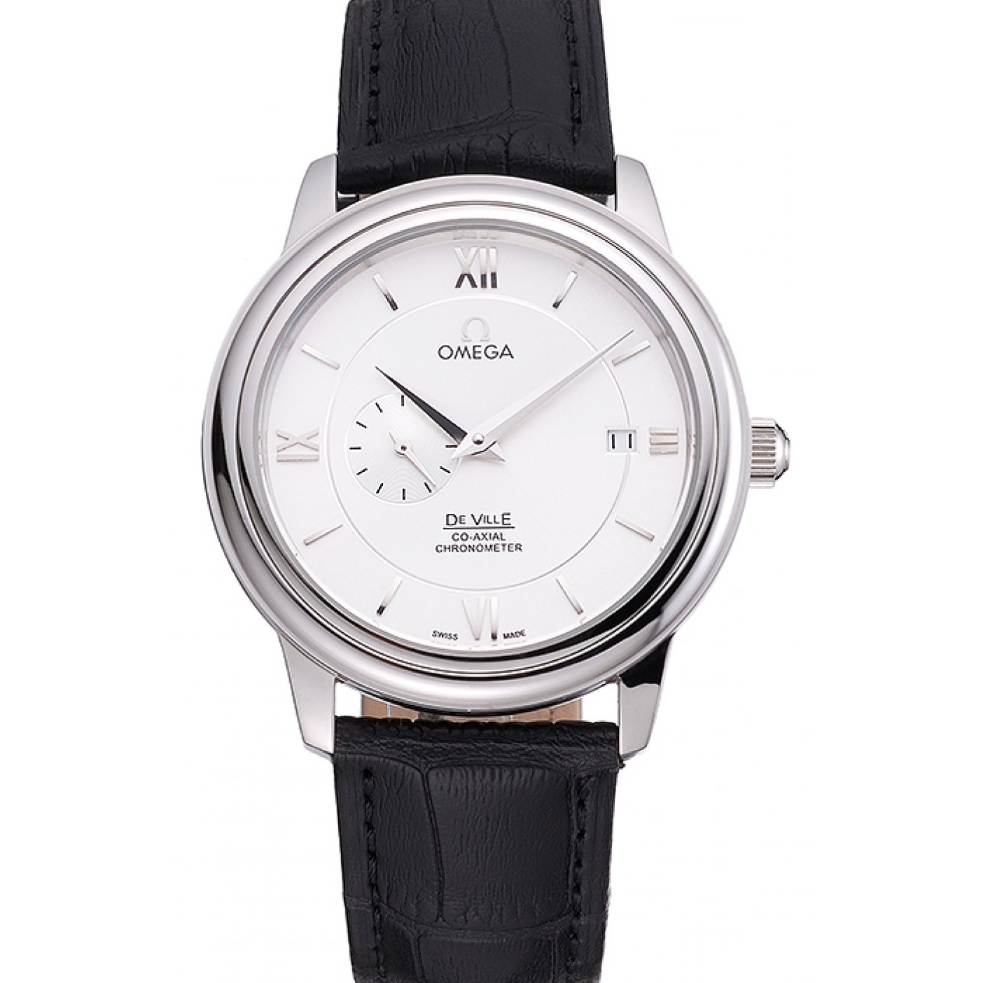 Omega De Ville Prstige Co-Axial White Dial Silver Case Black Leather Strap Roman Numeral